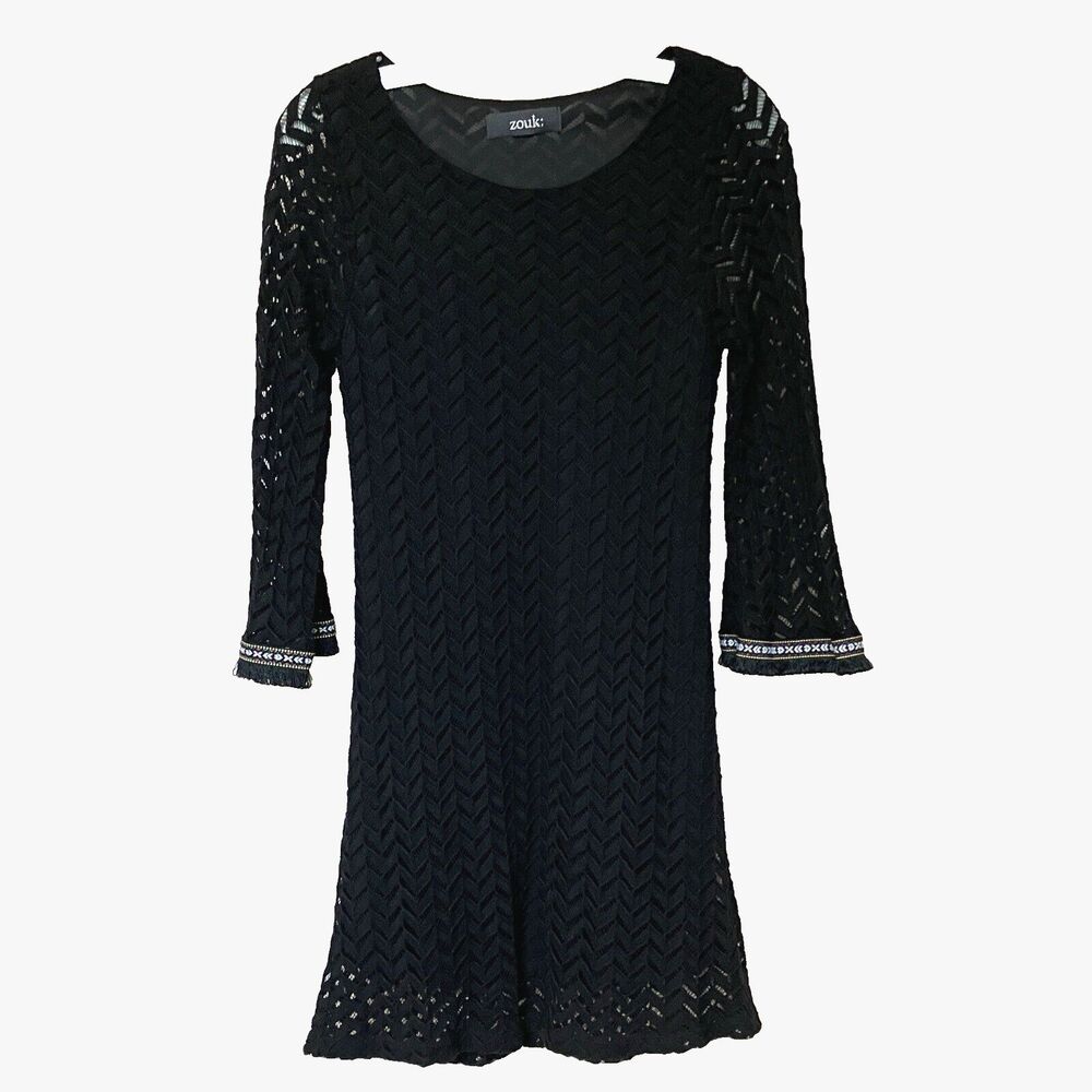 Crochet Dress Small Long Bell Sleeve Midi Black Boho Hippie Whimsy Goth Pullover